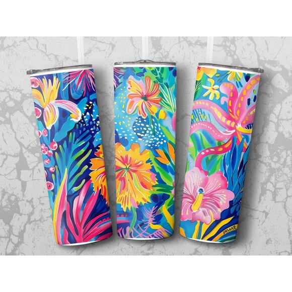 Tropical Floral Sublimation Tumbler Wrap Design, Colorful Bright Floral - Picture 1 of 4